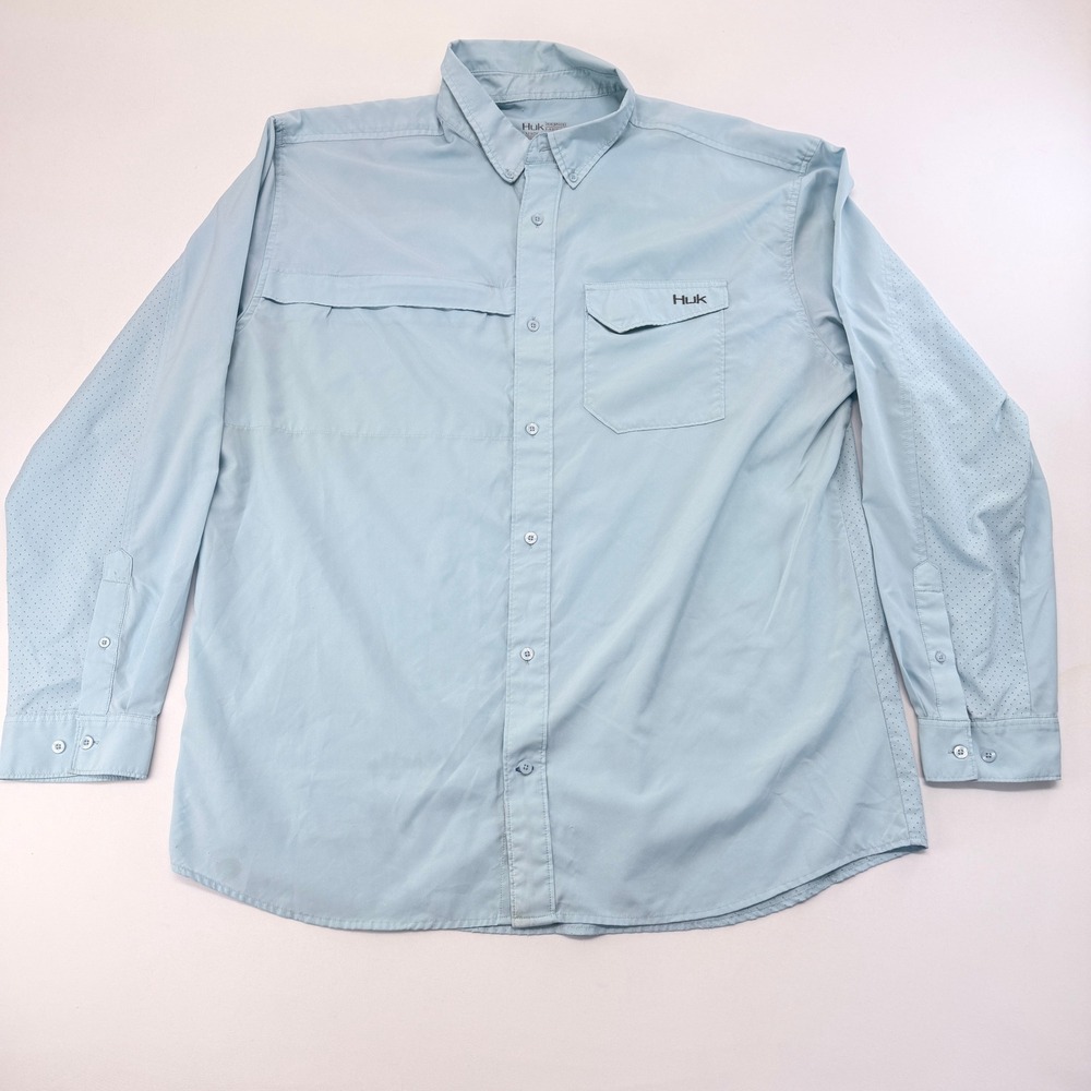 Huk Fishing Shirt Mens XXL Blue Long Sleeve Ventilated Button Down Performance